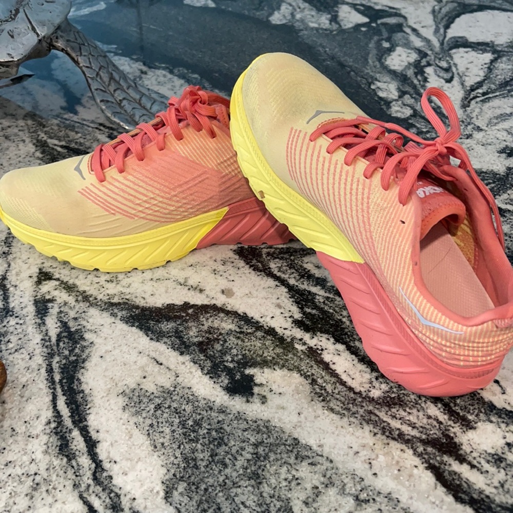 Hoka One One Women's Gradient Pink Coral and Yellow Athletic Shoes